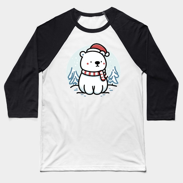 Cute Snowy Polar Winter Bear Santa Hat Scarf Holiday Baseball T-Shirt by Francois Ringuette